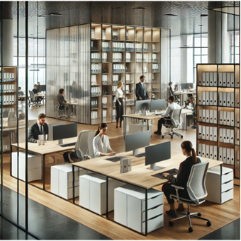 An open plan office with desks, chairs and employees. The walls are made of glass