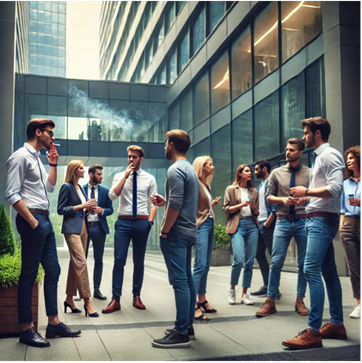 Office workers standing and smking outside a tall glass building